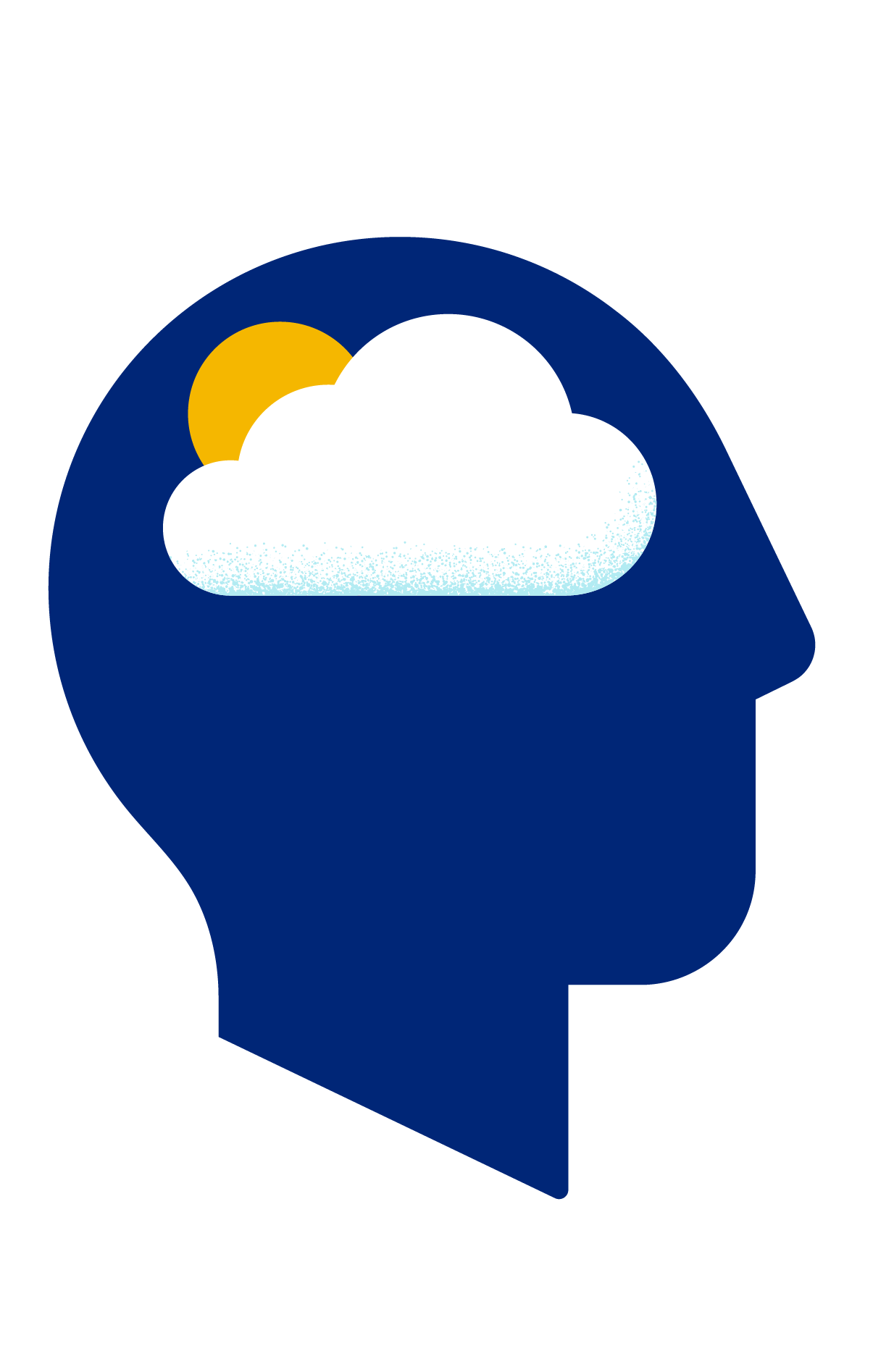Illustration of a blue head and neck silhouette, with a sun rising above a cloud in place of the brain.