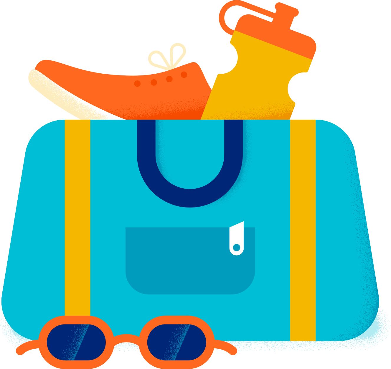 Illustration of a gym bag with a water bottle, sneaker, and swimming goggles, representing fitness and exercise.