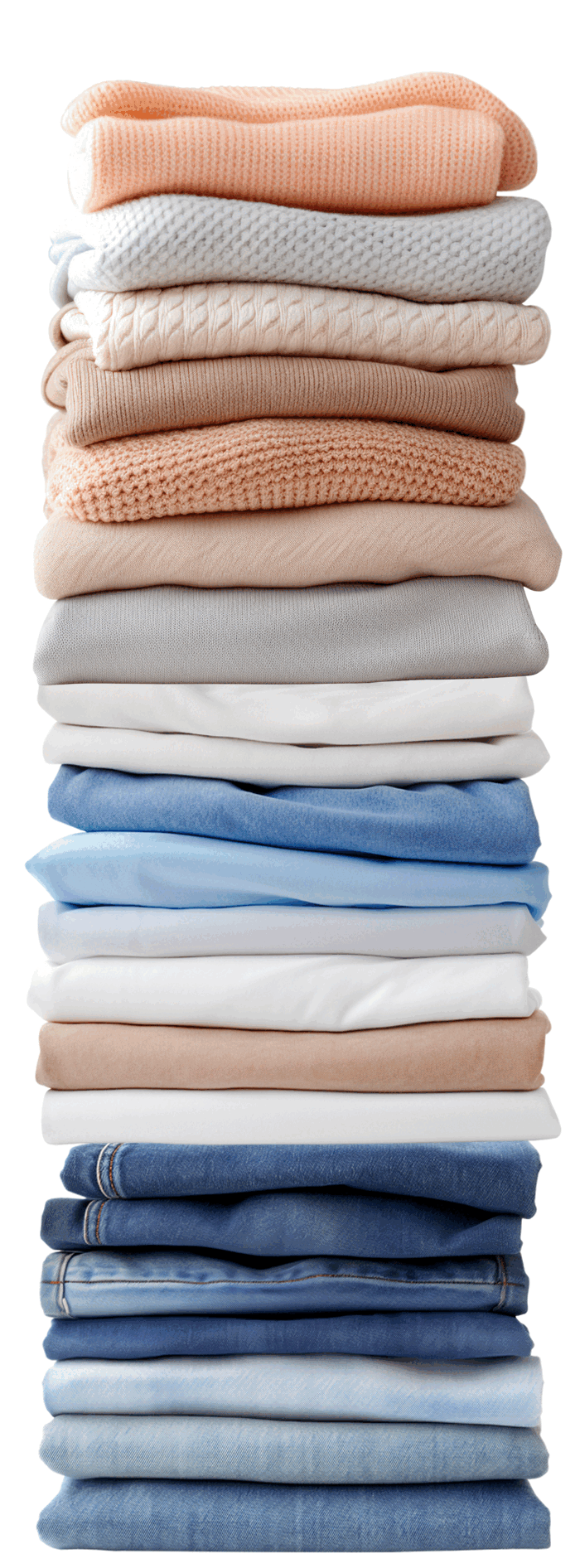 GIF of a stack of neatly folded clothes in various shades of blue, beige, and white, including sweaters, shirts, and denim jeans.
